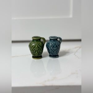 Vintage Ceramic Jug Salt & Pepper Shakers Blue Green Pottery Set